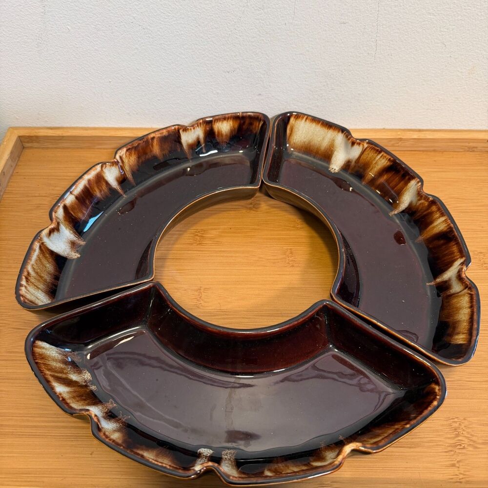 Vintage California USA 528 Pottery 3pc Crescent Snack Serving Dishes MCM Brown
